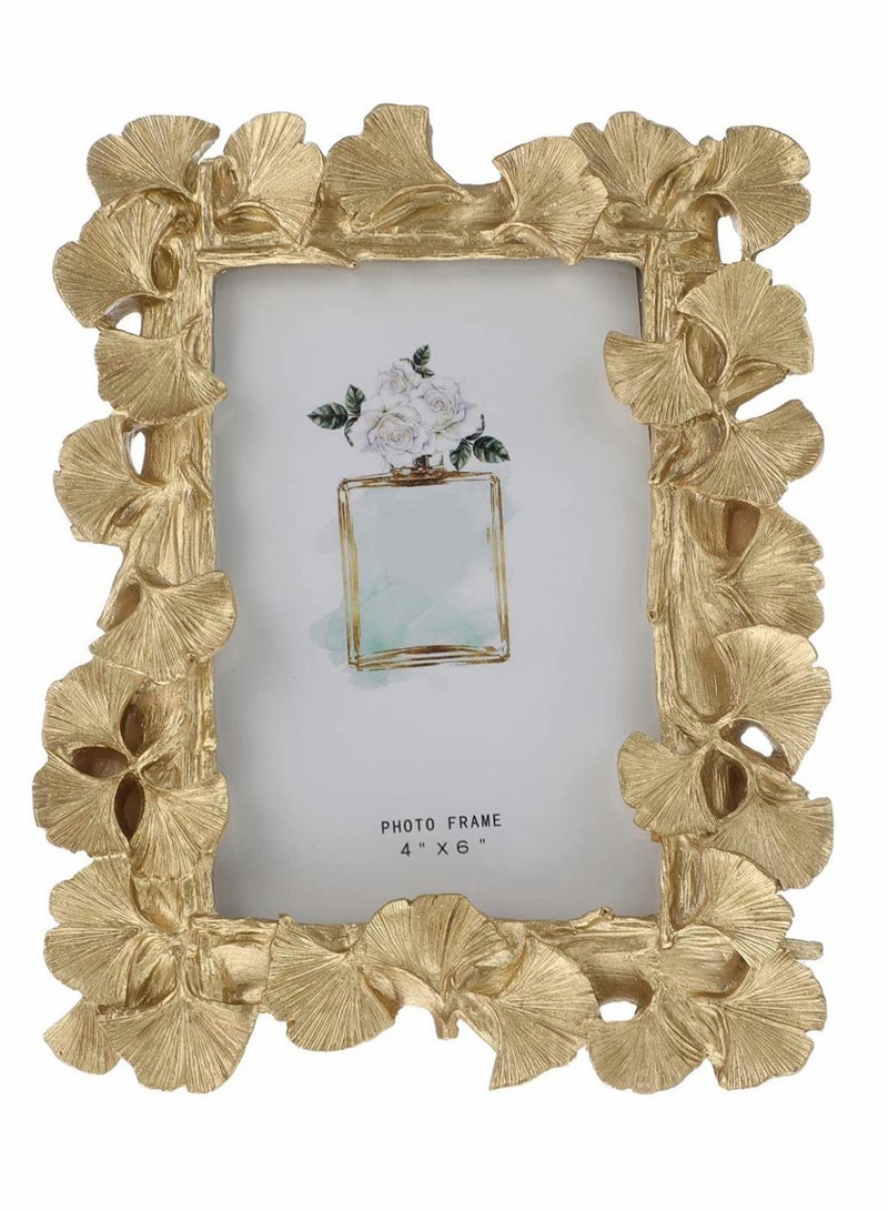 Photo Frame, Polyresin Picture Frame Gold Ginkgo Leaves for Lovers Home Decoration Ornament Gifts Golden Vintage Table Top Display and Personalized Gallery Wall Hanging Decor (Gold)