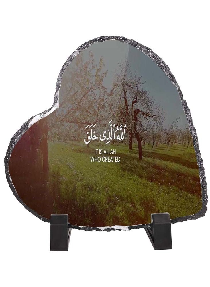 Protective Printed White Heart Shape Marble Photo Frame for Table Top It Is Allah Who Created