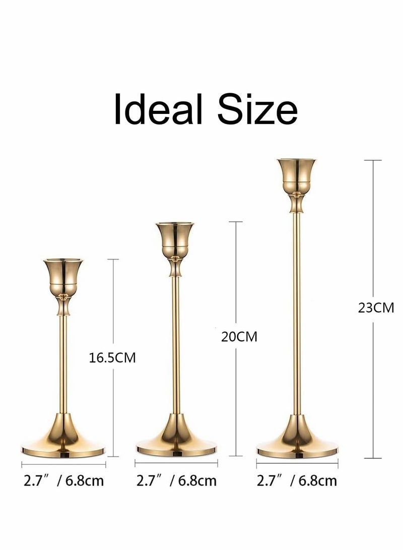 Gold Candle Holders for Candlesticks Set of 3 Taper Candle Holders, Tall Metal Candlestick Holders for Wedding, Table Centerpiece, Home Decor, Dining, Party, Fits 3/4 inch Thick Candles