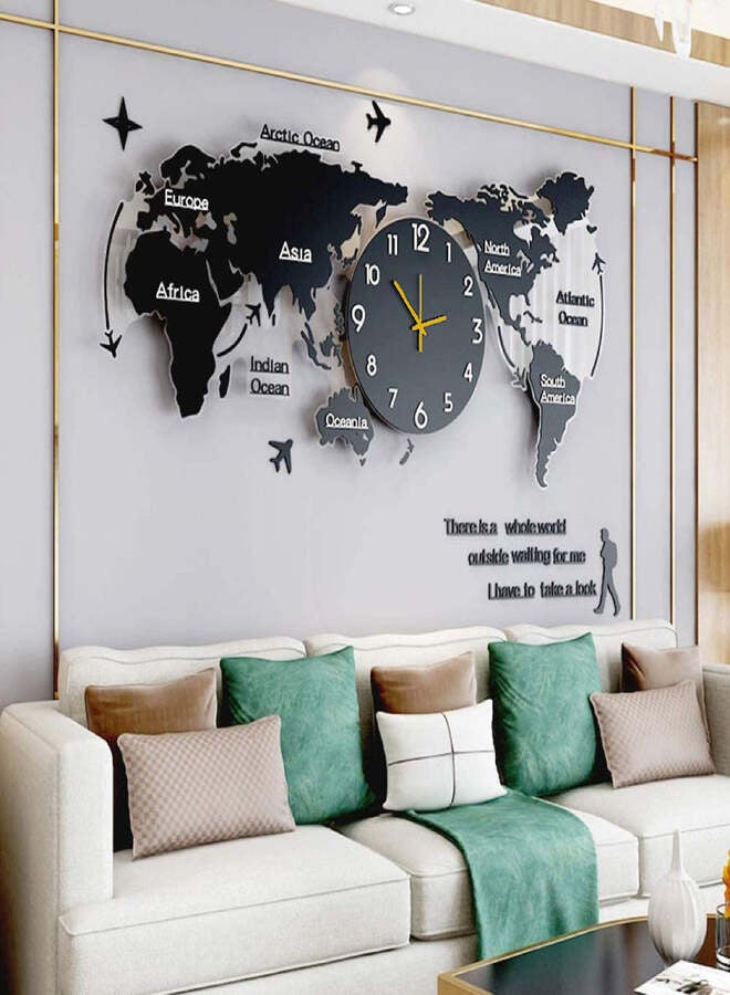 3D Acrylic World Map with Clocks Set Living Room Decorated Modern Wall Clock Black Decoration Wall Art