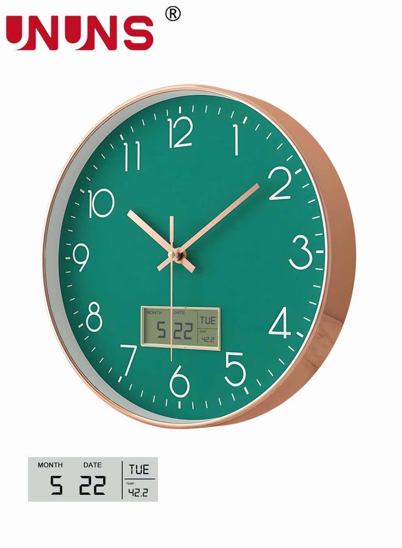 Plastic Frame Wall Clock,Green Rose Gold Frame Digital Wall Clock With Date And Temperature,12 Inch Non-Ticking Round Wall Clock For Home,Decorative Wall Clocks