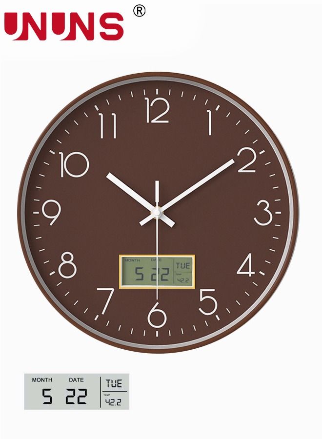 Quartz Wall Clock,12Inch Decorative Modern Mute Wall Clock Date Display,Brown