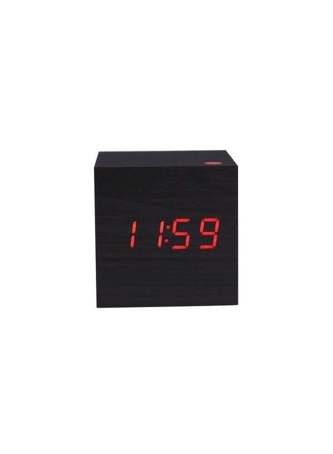 Cube Wood Digital Voice Control Thermometer Wooden Alarm Clock Black/Red