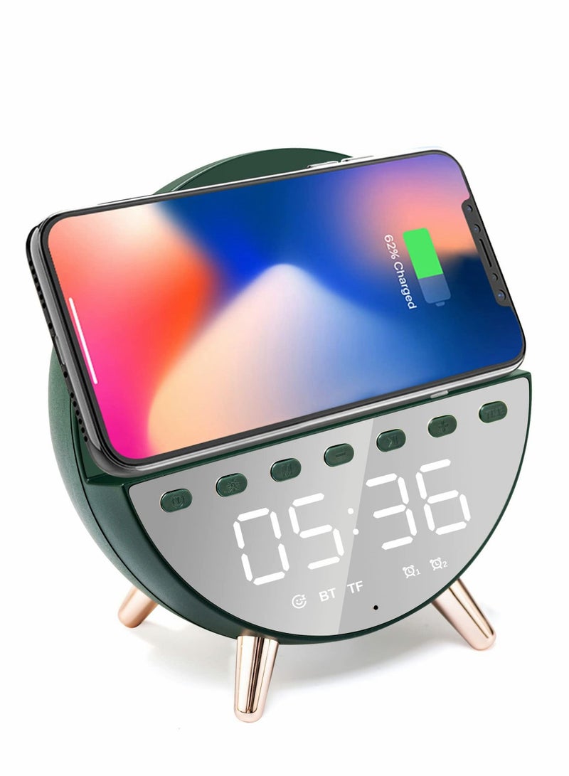Alarm Clock, Radio Clock with Wireless Charging, USB Port, Mains Powered, Digital Bedside Bluetooth Speaker for Bedroom (Green)