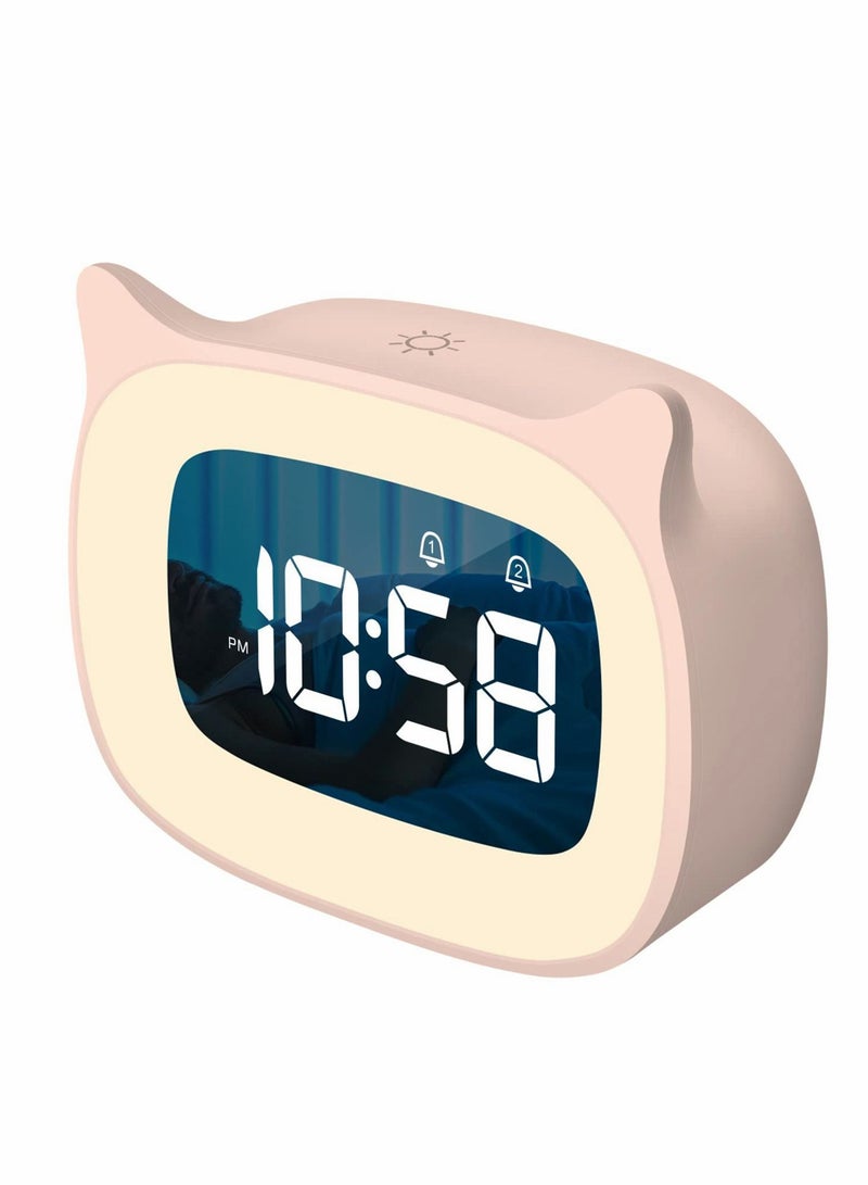 Kids Alarm Clock, Digital Desk Clock for Bedroom with Night Light Stepless Dimming, Cute Cat Ear Bedside Students Boys Girls