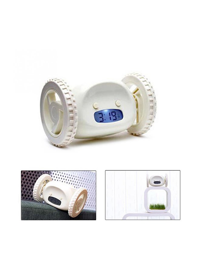 Moving Wheels Lcd Screen Display Running Alarm Clock White 14x9x9cm