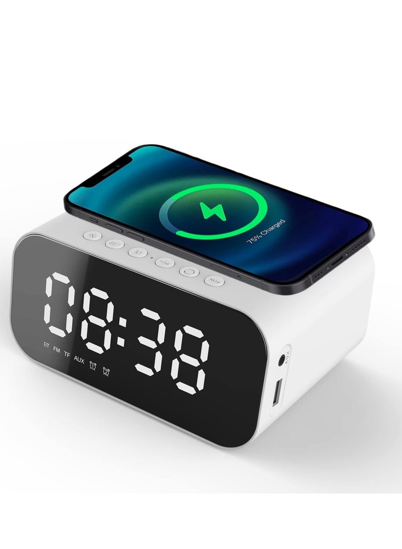 7 in 1 LED Alarm Clock with Bluetooth Speaker and Fast Wireless Charging for iPhone - White