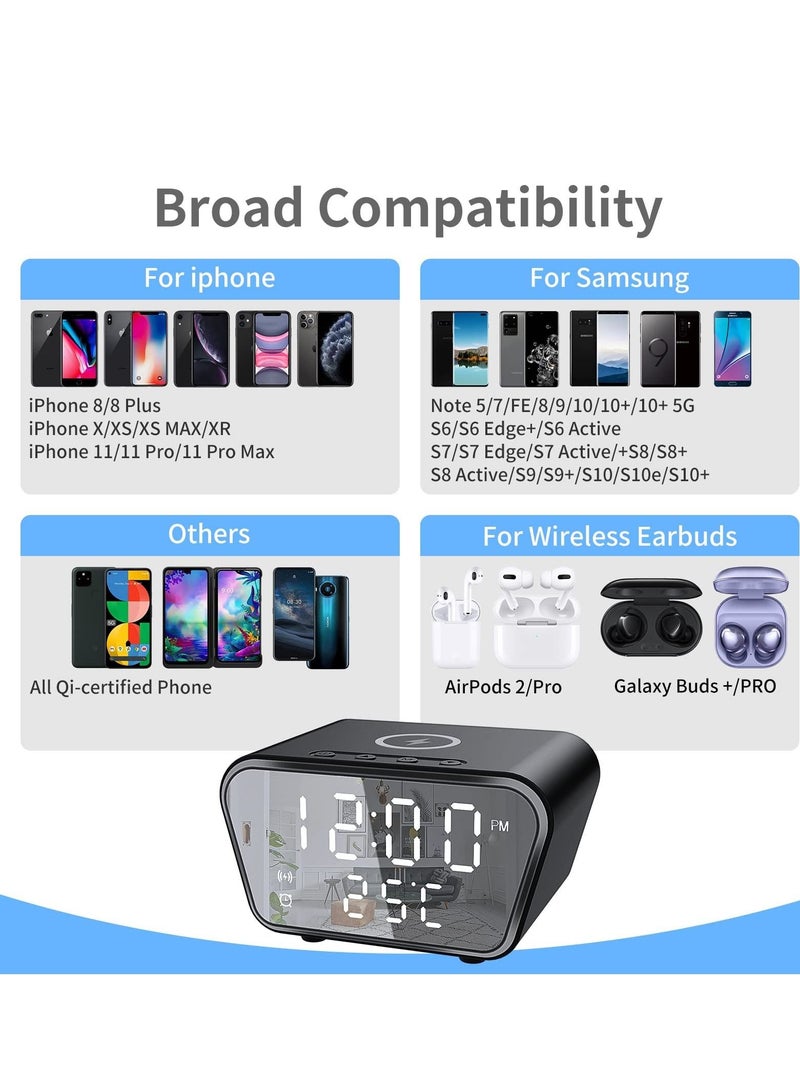 Alarm Clock with Wireless Charging, Digital Alarm Clocks Bedside Mains Powered, 3 Alarms, Adjustable Brightness LED Display with Time/Temperature, Fast Charger Compatible with All Qi-Enabled Phone