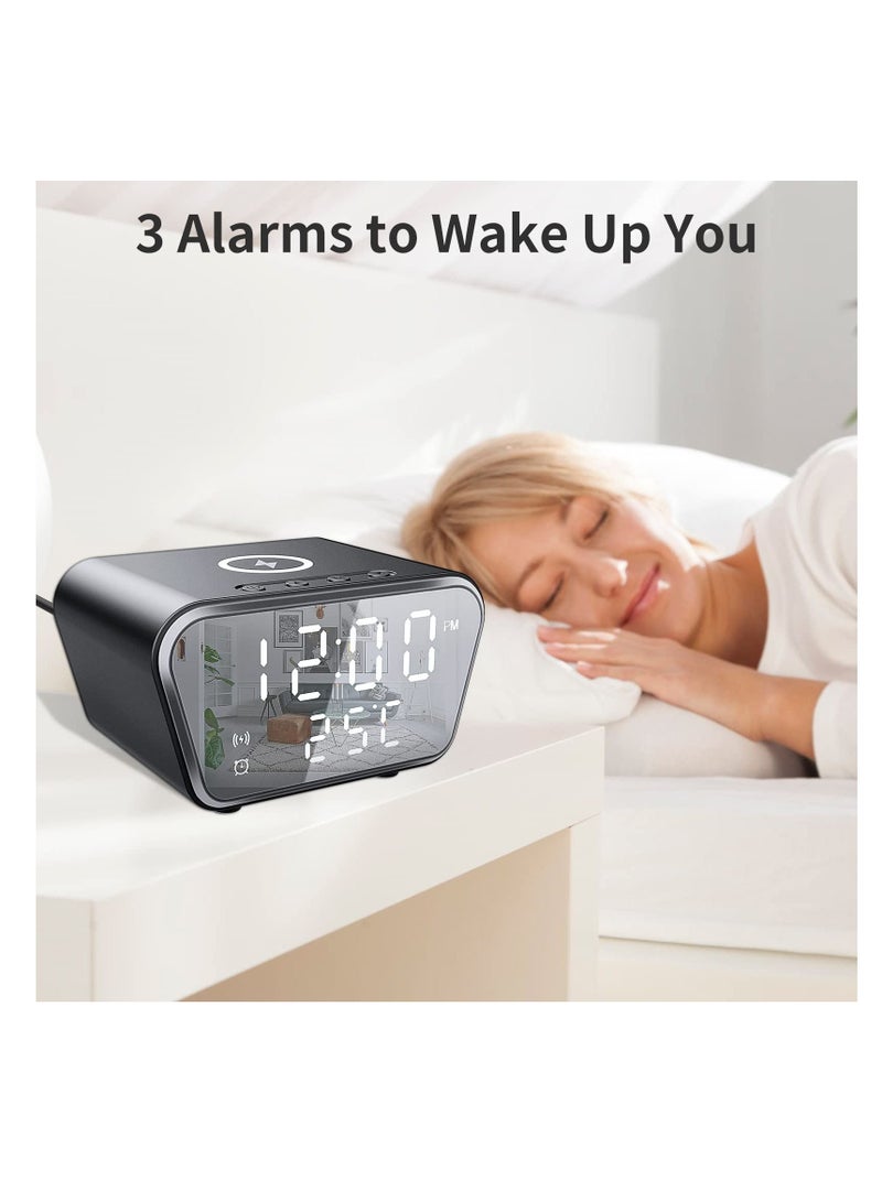 Alarm Clock with Wireless Charging, Digital Alarm Clocks Bedside Mains Powered, 3 Alarms, Adjustable Brightness LED Display with Time/Temperature, Fast Charger Compatible with All Qi-Enabled Phone