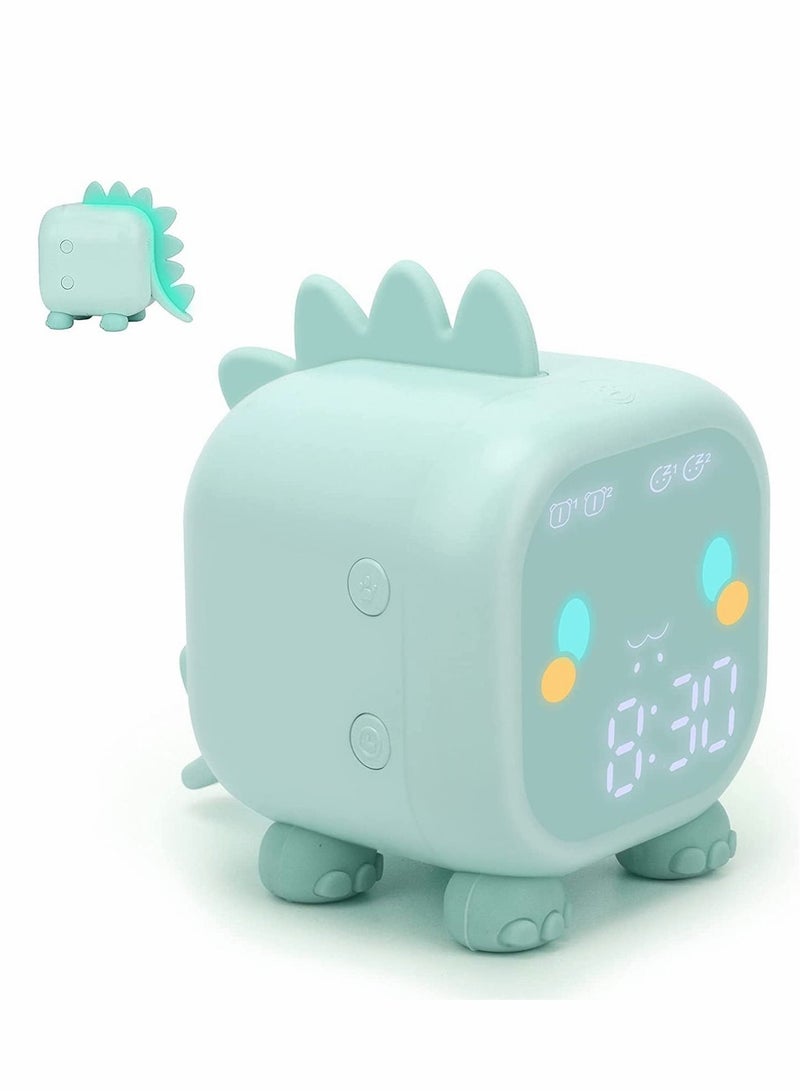 Kids Alarm Clock, Digital Clock for Bedroom, Cute Dinosaur Bedside Children's Sleep Trainier, Wake Up Light & Night with USB Boys Girls Birthday Gifts (Green)