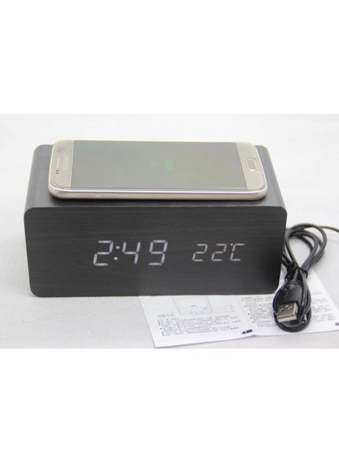 Wooden Digital Alarm Clock With Qi Wireless Charging Pad Black 14.5x7x7cm