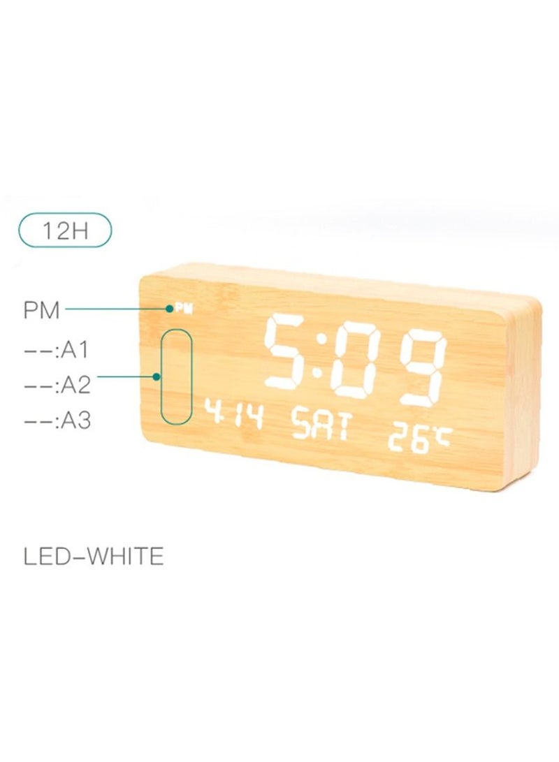 1501 LED Perpetual Calendar Week Wooden Alarm Clock Thermometer Weekday Alarm Clock