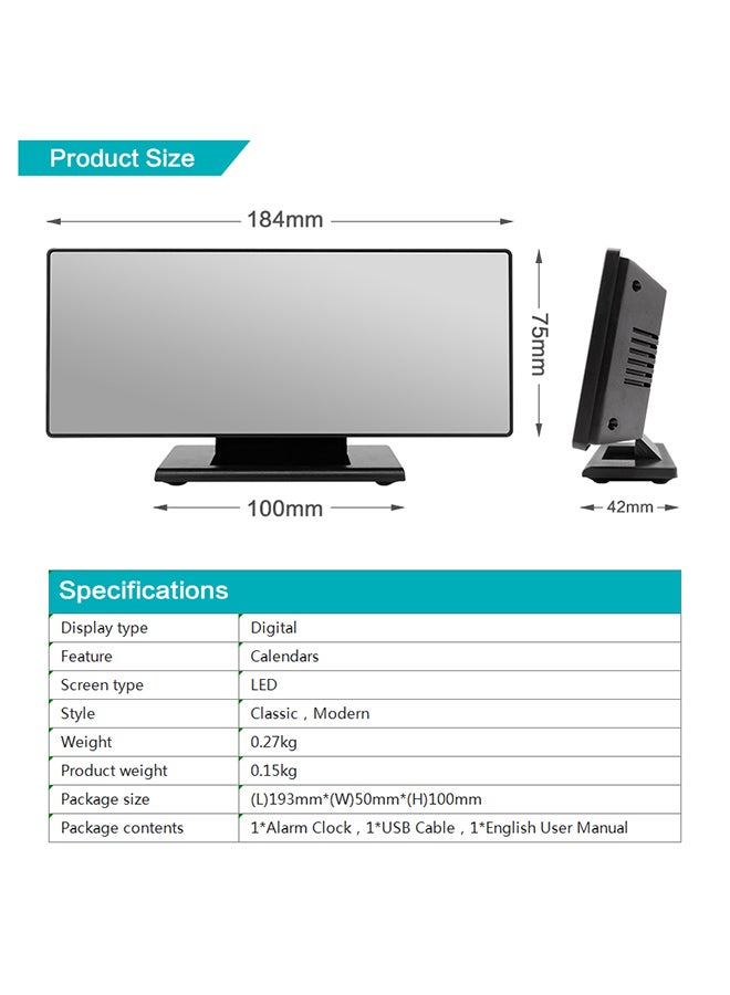 Digital Mirror Surface Alarm Clock Black