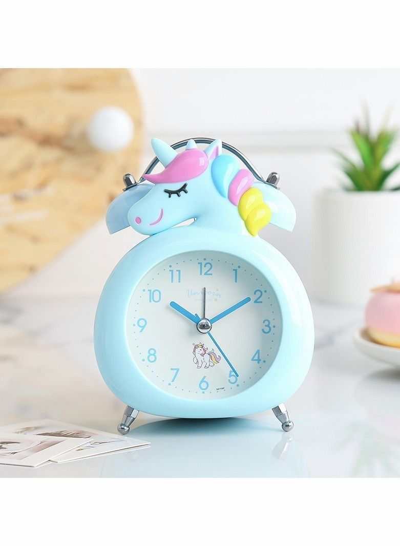 Unicorn Girl Alarm Clock, Vintage Loud Big Volume Double Bell Cartoon Alarm Clock with Button Night Light, Battery Powered No Tick Silent Bedroom Bedside Alarm Clock (Blue)
