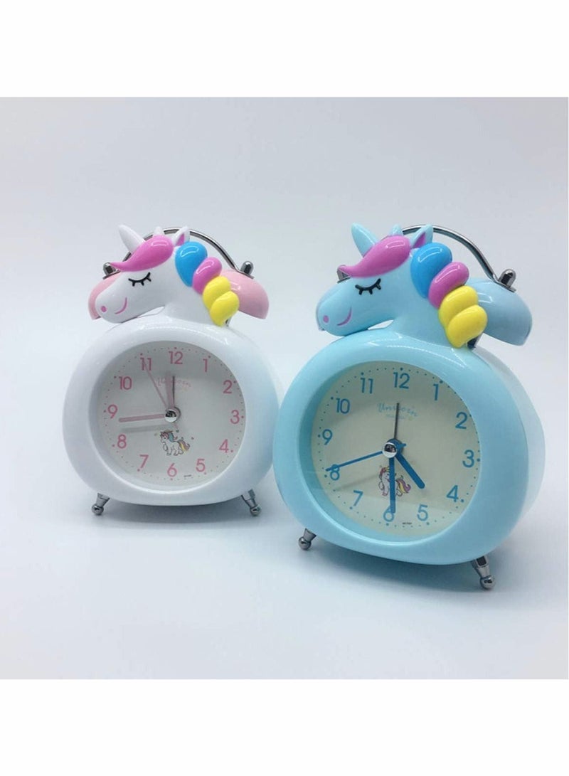 Unicorn Girl Alarm Clock, Vintage Loud Big Volume Double Bell Cartoon Alarm Clock with Button Night Light, Battery Powered No Tick Silent Bedroom Bedside Alarm Clock (Blue)