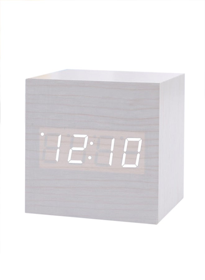 Sound Control Wooden Square LEd Alarm Clock White Wood 6x6cm