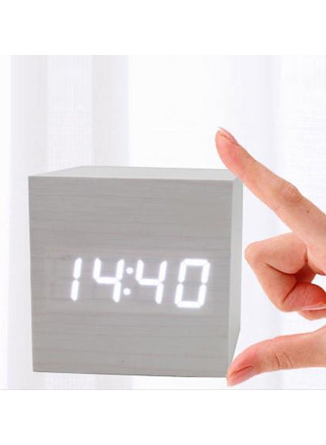 Sound Control Wooden Square LEd Alarm Clock White Wood 6x6cm