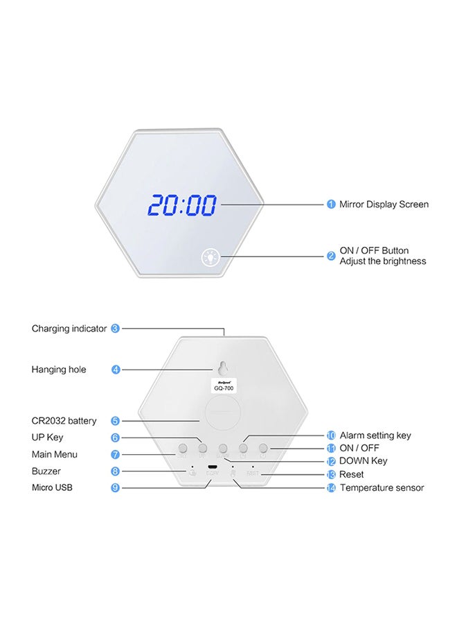 Unique LED Digital Night Light Thermometer Mirror Glass Alarm Clock White 13.7x13.7x3.5cm