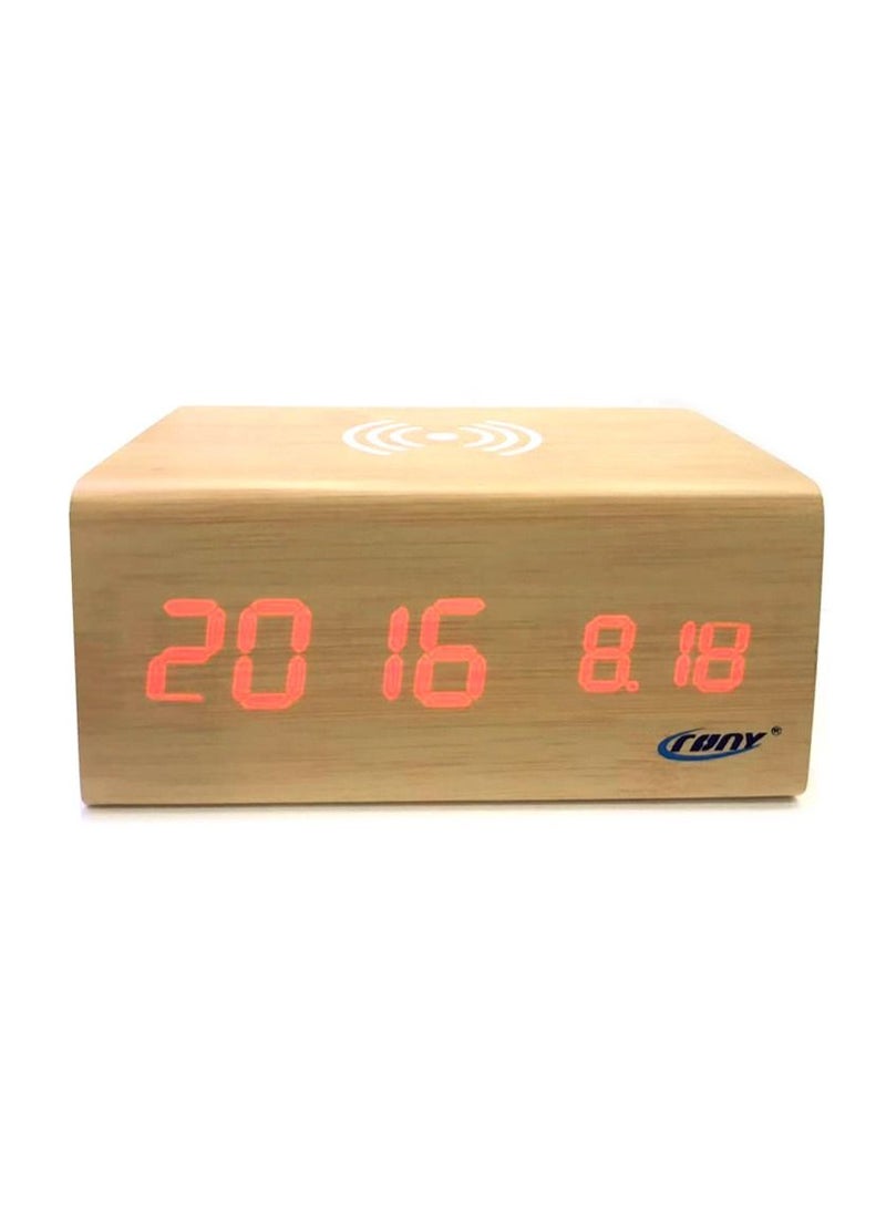 CN1299 Wooden Digital LED Clock with Wireless Moblie charging Bluetooth Speaker Alarm Temperature