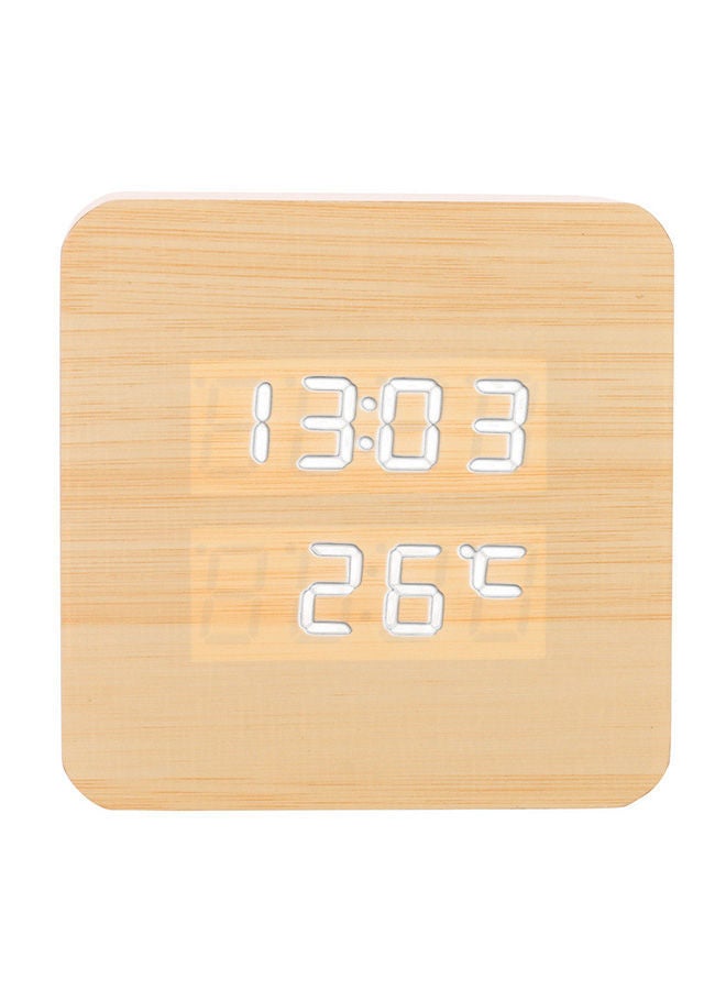 LED Wood Grain Alarm Clock With Temperature Display Beige 10X10X6centimeter
