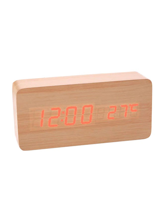 LED Wood Grain Alarm Clock With Temperature Display Beige 15X4X7cm