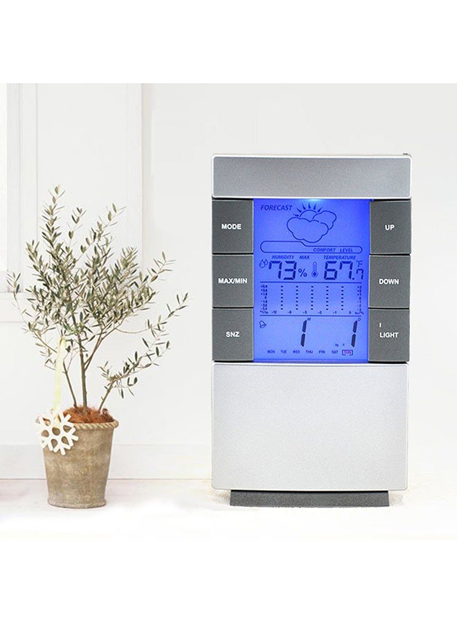 LCD Thermometer Humidity Monitor Clock Silver/White