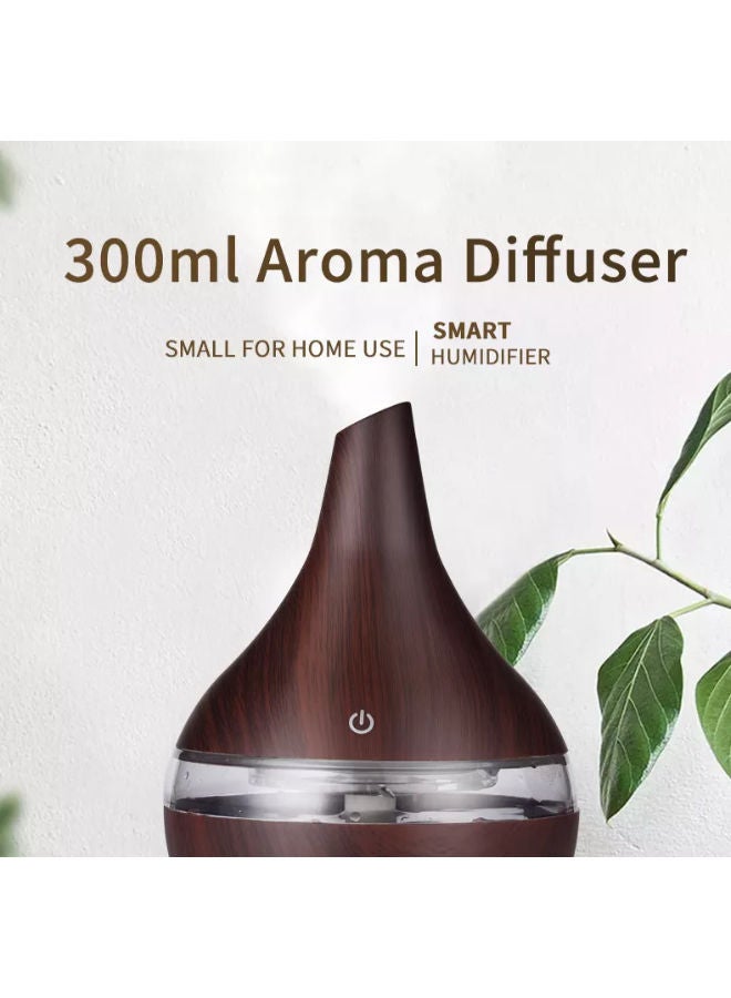 Aroma Essential Oil Diffuser 300ml Ultrasonic Humidifier with Electric Wood Grain LED Lights Aroma Diffuser for Home,Darkwoodgrain