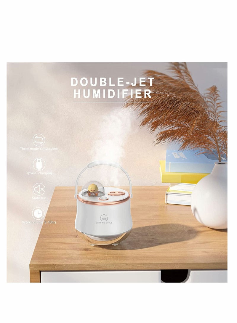 Humidifiers, 400ml Mini Portable Humidifier, Adjustable Double Spray, Cute Night Light, Super Sound-off, for Bedroom Kids Office Desktop Home, Easy to Clean(White)