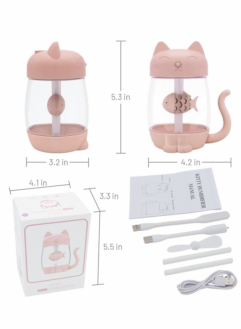 USB Cat Cool Mist Humidifier, 3 in 1 350ml Polyme Water Mode & Auto Shut-Off, Baby Humidifier with 6 Color LED Lights Changing, for Home Car Office, Air Small Fan (Pink)