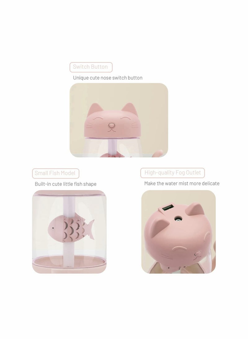 USB Cat Cool Mist Humidifier, 3 in 1 350ml Polyme Water Mode & Auto Shut-Off, Baby Humidifier with 6 Color LED Lights Changing, for Home Car Office, Air Small Fan (Pink)