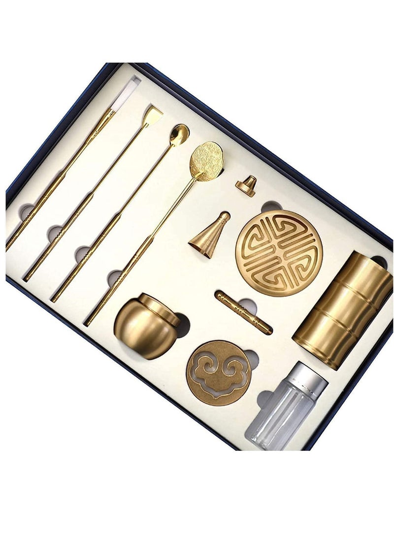 11 Pcs/Set Brass Incense Making Kit Mold Tool, DIY Backflow Tower Cone Molds,Spoon, Press, Shovel, Brush, Bottle Ideal for Yoga Meditation Home Fragrance