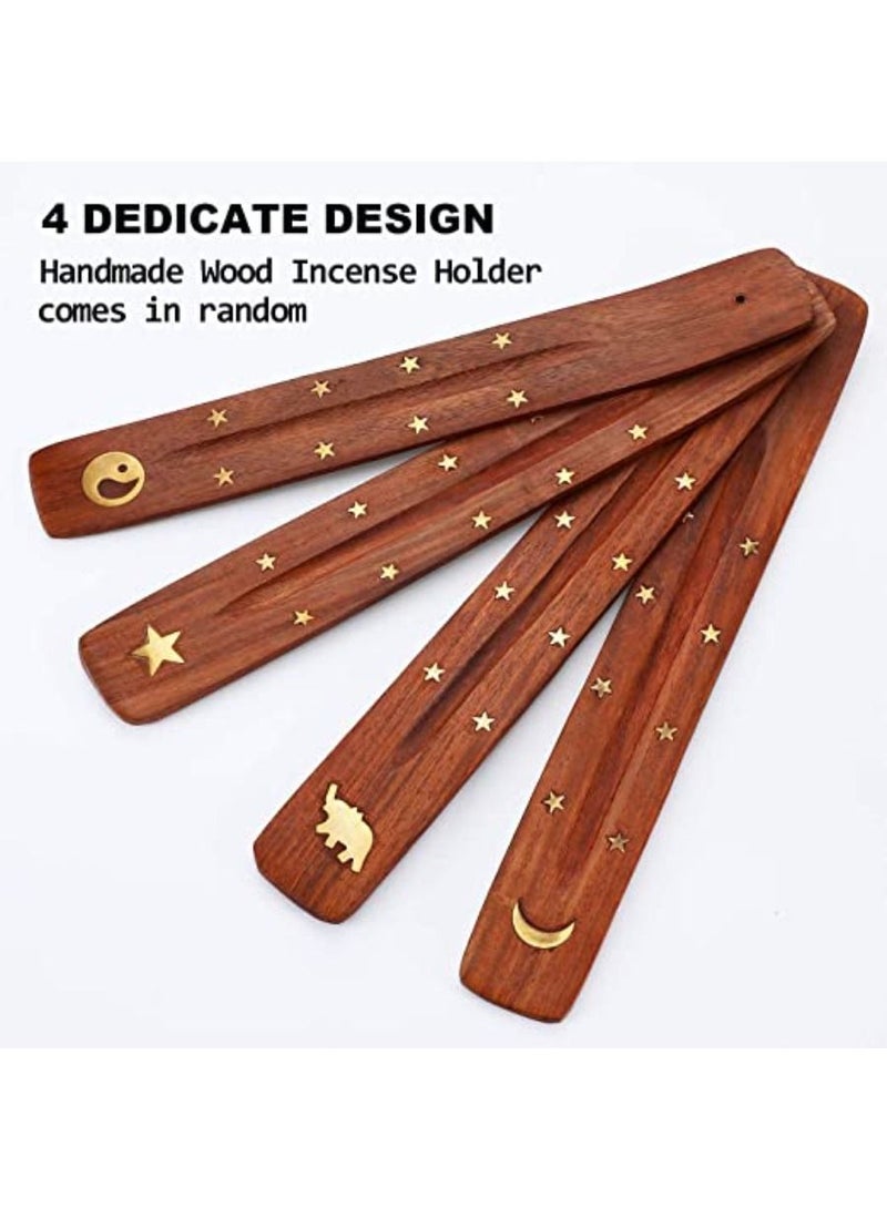 Wood Incense Stick Holder Wooden Incense Burner Ash Catcher Incense Holder for Sticks with Inlays of Brass Assorted Styles Simple and Elegant Home Decoration 10 Inches Long 4 pieces