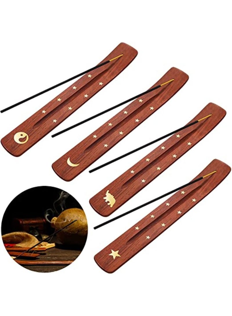 Wood Incense Stick Holder Wooden Incense Burner Ash Catcher Incense Holder for Sticks with Inlays of Brass Assorted Styles Simple and Elegant Home Decoration 10 Inches Long 4 pieces