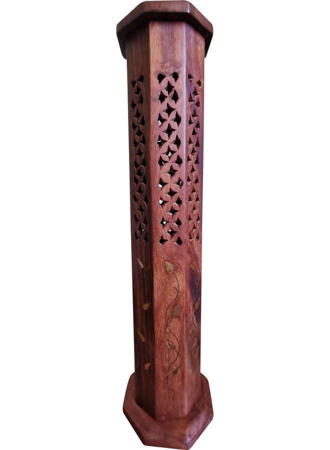 Flower Engraved Beautiful Wooden Incense Burner Holder Brown 30cm