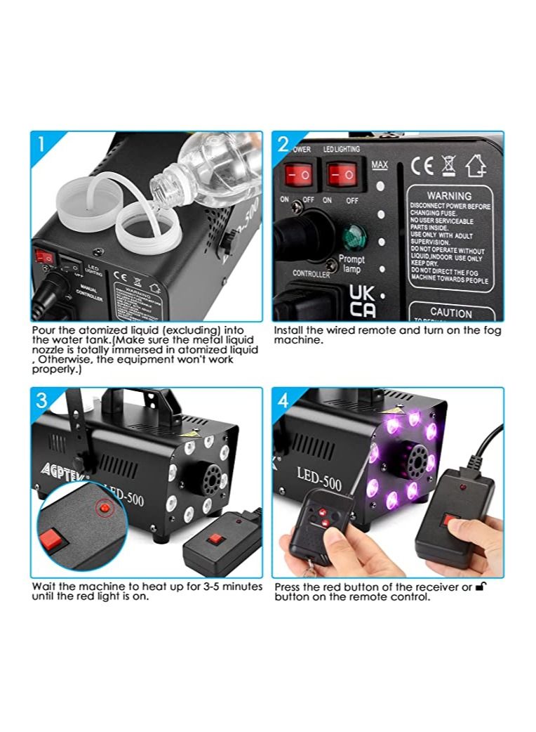 wireless control fog Machine, Fog Machine with multi Colorful LED Lights Effect,500W Fog with 1 Wired Receiver and 2 Wireless Remote Controls, Perfect for Professional Stage Fogger Great Effect f