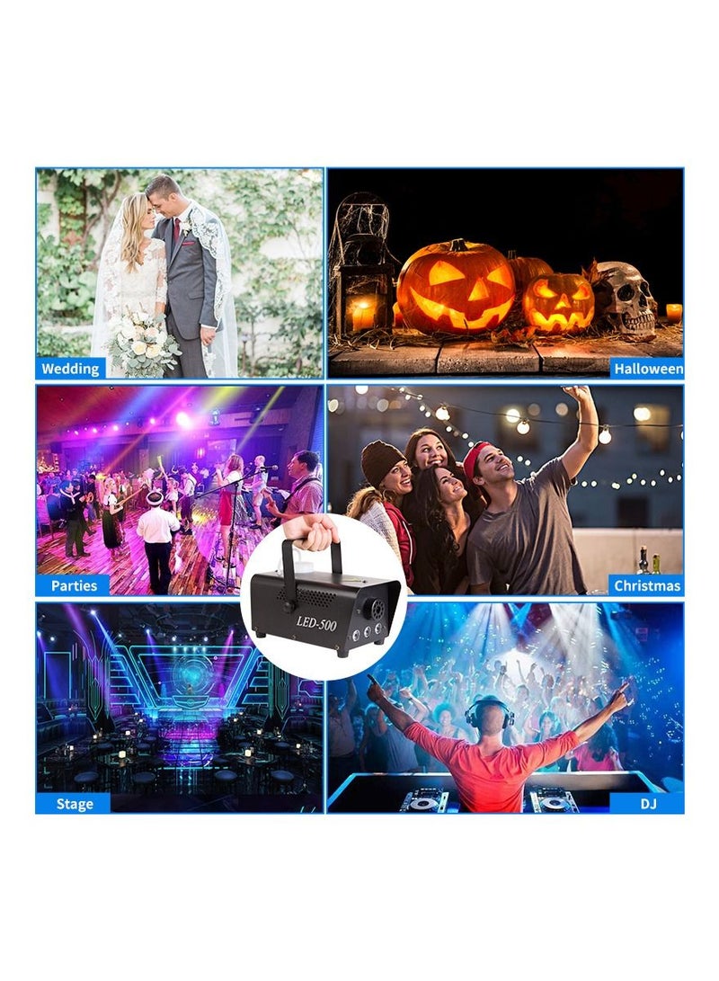 wireless control fog Machine, Fog Machine with multi Colorful LED Lights Effect,500W Fog with 1 Wired Receiver and 2 Wireless Remote Controls, Perfect for Professional Stage Fogger Great Effect f