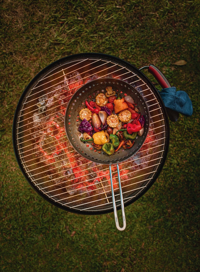 TCP-560L Charcoal Grill with Enameled Steel Lid with Thermometer, Stainless Steel Grate, Utensils and Wheels