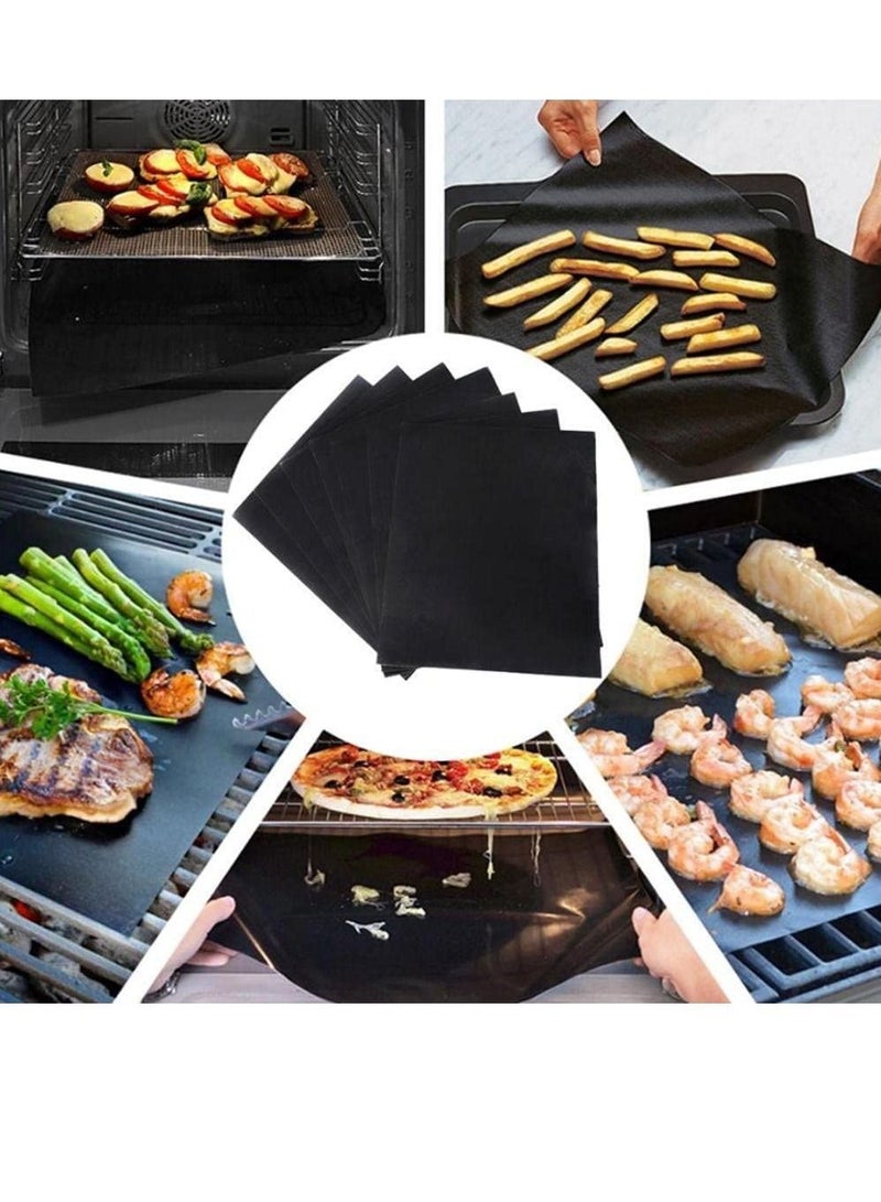 5pcs Reusable Non-Stick BBQ Grill Mat Pad, Baking Sheet Meshes Portable, Outdoor Picnic Cooking Barbecue Tool 40x33CM (Black)