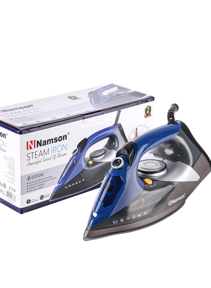 Namson Steam Iron Powerful Burst of Steam - Dry/Steam/Spray Functions, Adjustable Temperature Control, Ceramic Soleplate - 2200W