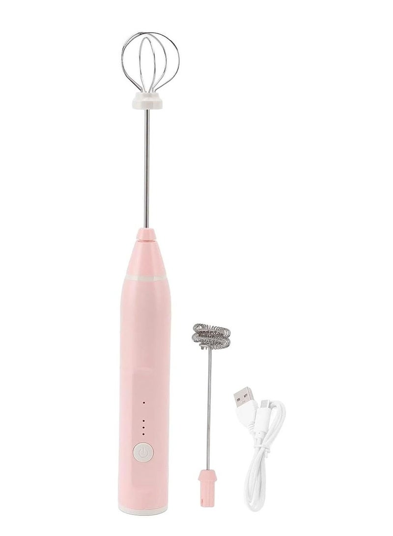 Rechargeable Electric Milk Frother Handheld - Powerful Coffee Whisk with 2 Eggbeater Heads - Portable Foam Mixer for Latte Cappuccino Hot Chocolate - Pink