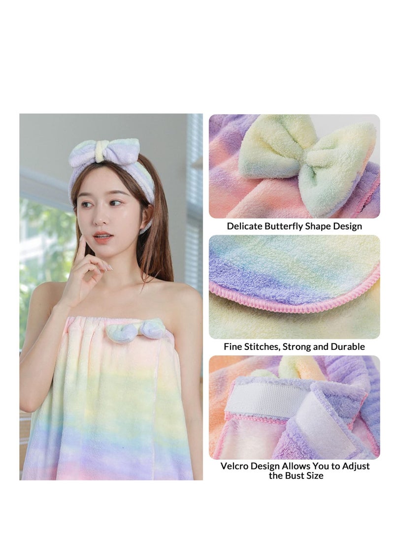 4 Pcs Bath Wrap Towel and Hair Drying Towel Kit, Adjustable Elastic Ultra Absorbent Towel Wrap with Snap Closure Microfiber Soft Coral Fleece Quick Dry Hair Towel Wrap for Women Girl