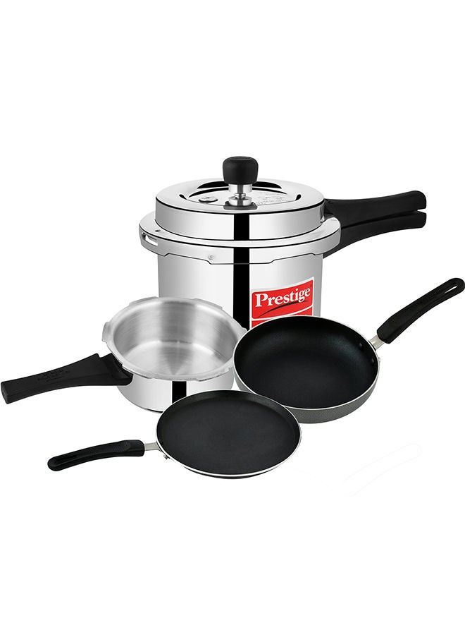 5Liters Prestige Kitchen Starter Pack (Popular Svachh 3 Ltr + 2 Ltr Body + Fry Pan 180mm + Tawa 250mm) Silver