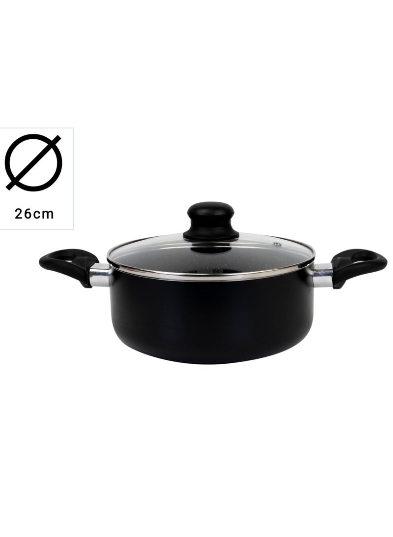 Casserole With Glass Lid Durable Marble Coating, Aluminium Construction, Nonstick Dish For Gas Induction & Ceramic Hobs Induction Bottom 26 x 12cm