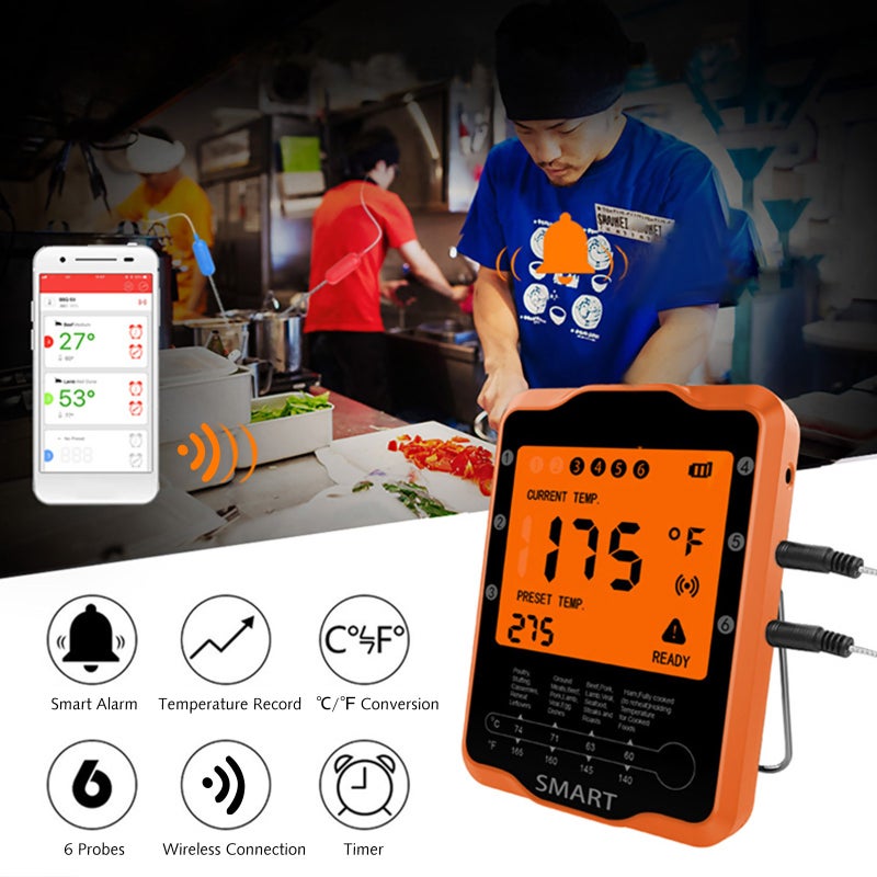 Wireless BT BBQ Grill Thermometer Orange 20 x 2.6 x 11.6cm