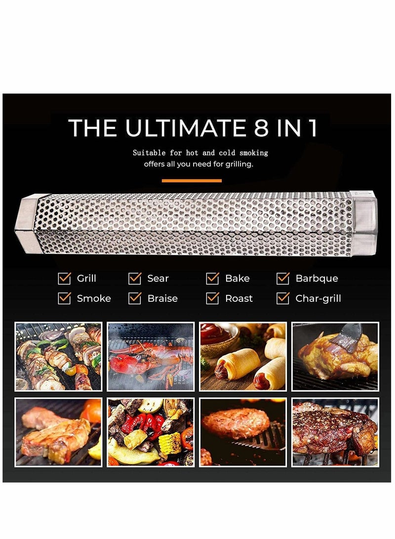 Pellet Tube 12'' Stainless Steel Perforated BBQ 5 Hours of Billowing Cold for Any Grill or Smoker, Hot Smoking