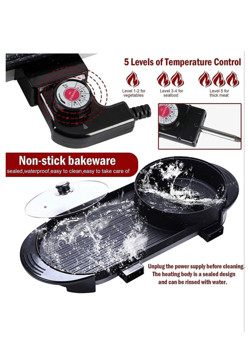 2-In-1 Portable Electric BBQ Grill Smokeless Non-Stick Roasting Barbecue Pan and Multifuntion Hot Pot For Family