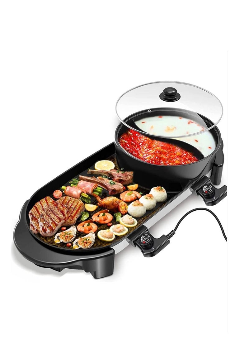 2-In-1 Portable Electric BBQ Grill Smokeless Non-Stick Roasting Barbecue Pan and Multifuntion Hot Pot For Family