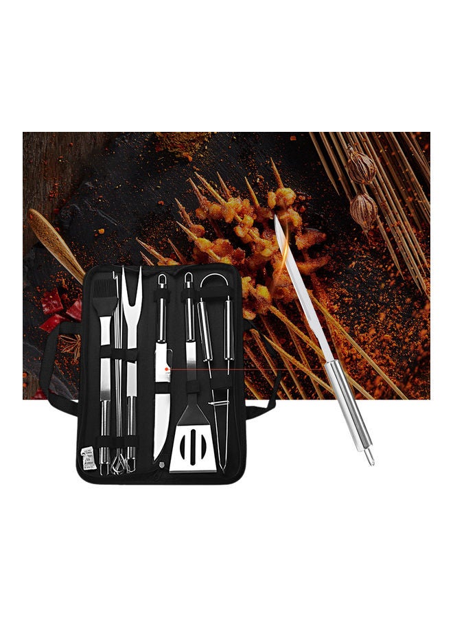 Barbecue Accessory Kit Grill Tool Set Versatile Portable Outdoor Indoor Barbecue Knife, Fork, Spatula, Tong, Basting Brush and Skewers Silver