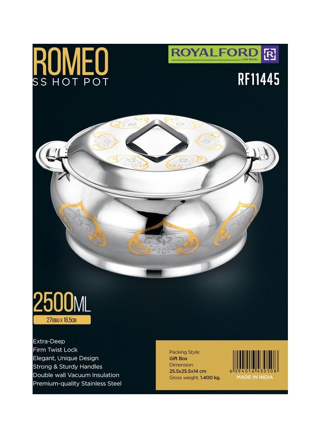 Romeo Stainless Steel Hotpot- RF11445| Food-Grade Hot And Cold Hotpot With Double Wall Vacuum Insulation| Firm Twist Lock To Keep Food Fresh For Long| Elegant And Unique Design, Perfect For Rice, Roti, Curry| Silver Silver 2500ml