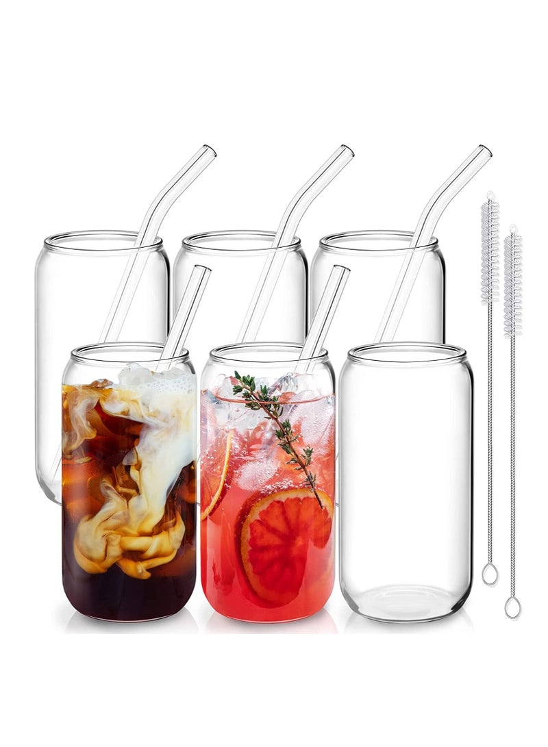 6 Pcs Drinking Glasses with Glass Straw 16 Oz Can Shaped Glass Cups Glasses Ice Coffee Glasses Tumbler Cup Great for Soda Tea Water Boba Tea Include 2 Cleaning Brushes